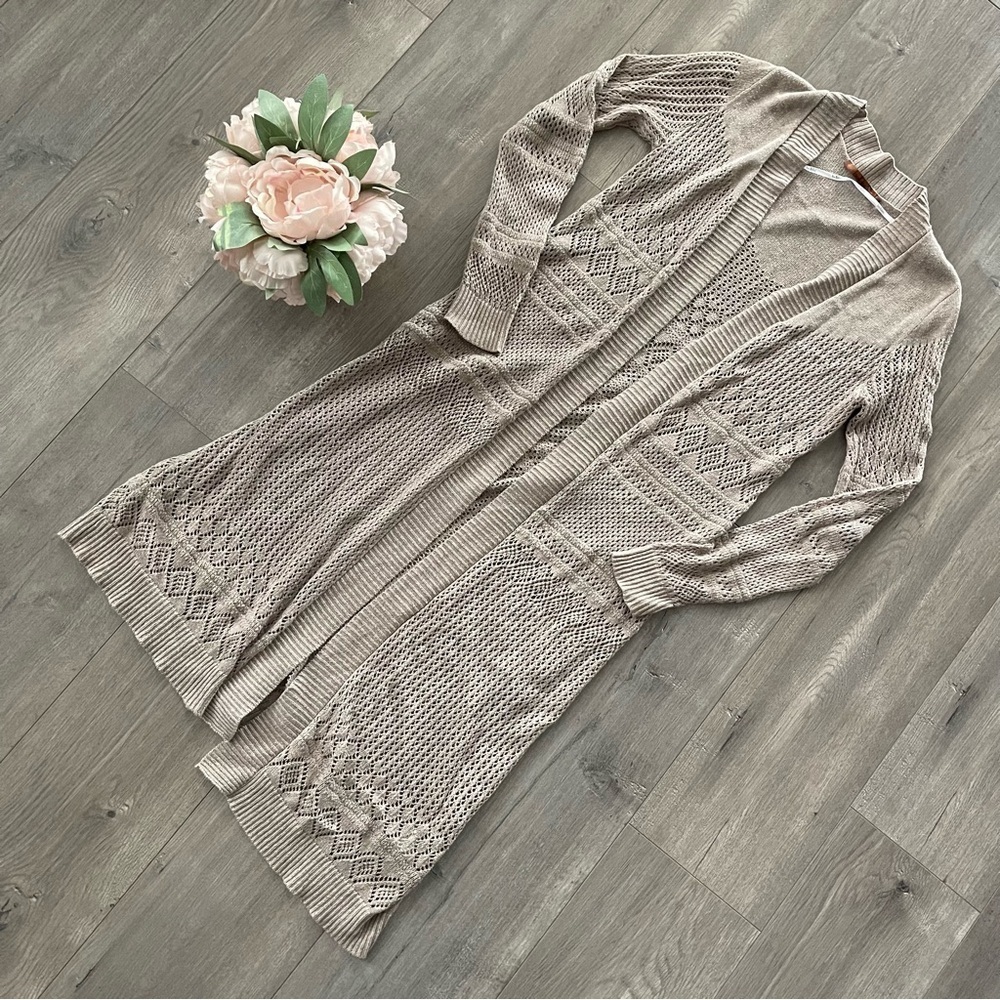 Belldini Taupe Boho Open Knit Extra Long Duster Cardigan Sweater - Picture 2 of 6